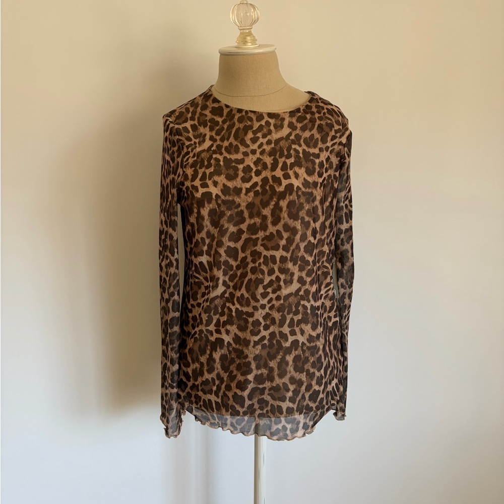 Absolutely Famous Leopard Print Mesh Long Sleeve Top S NWT
